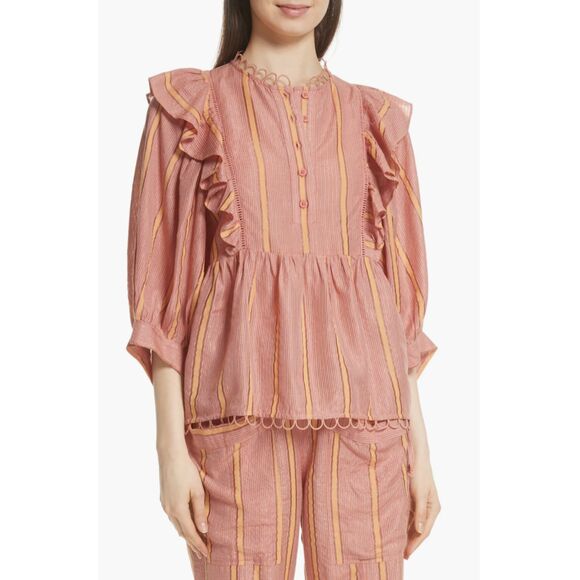 APIECE APART Likhi Metallic Stripe Ruffled‎ Blouse NWT Sz 2 - Picture 1 of 7